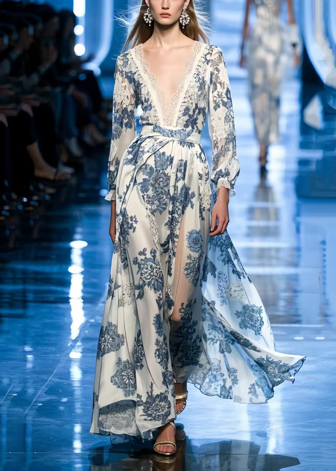 Bohemian Blue Print Draping Silk Vacation Dresses Summer