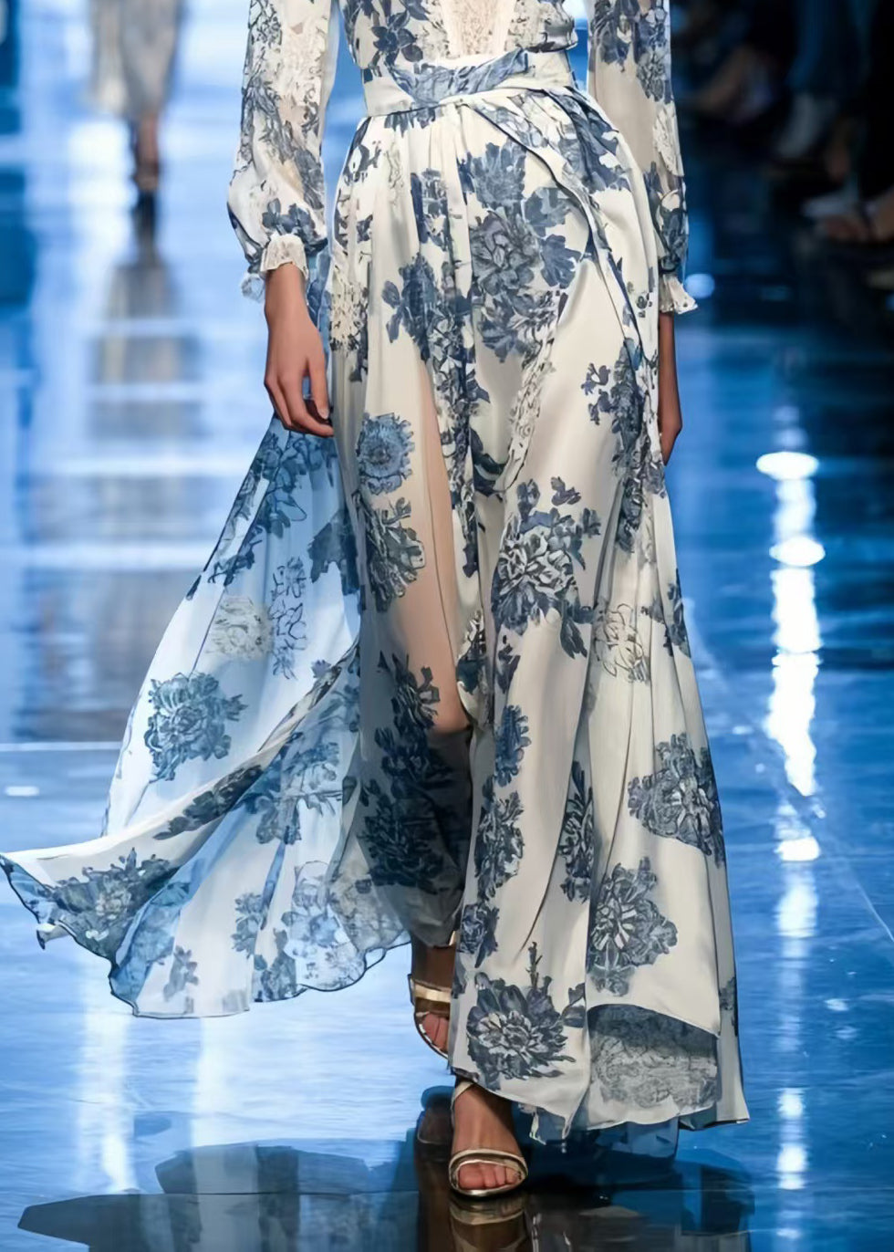 Bohemian Blue Print Draping Silk Vacation Dresses Summer