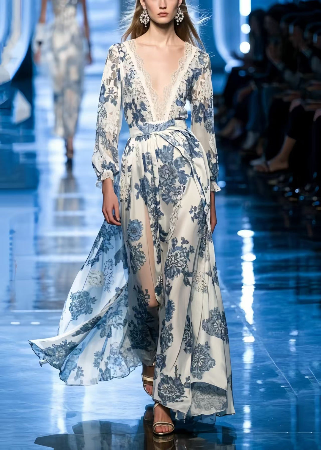 Bohemian Blue Print Draping Silk Vacation Dresses Summer