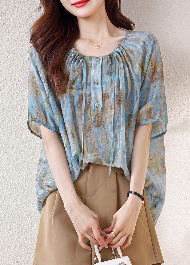 Bohemian Blue Print Drawstring Cotton Tops Summer