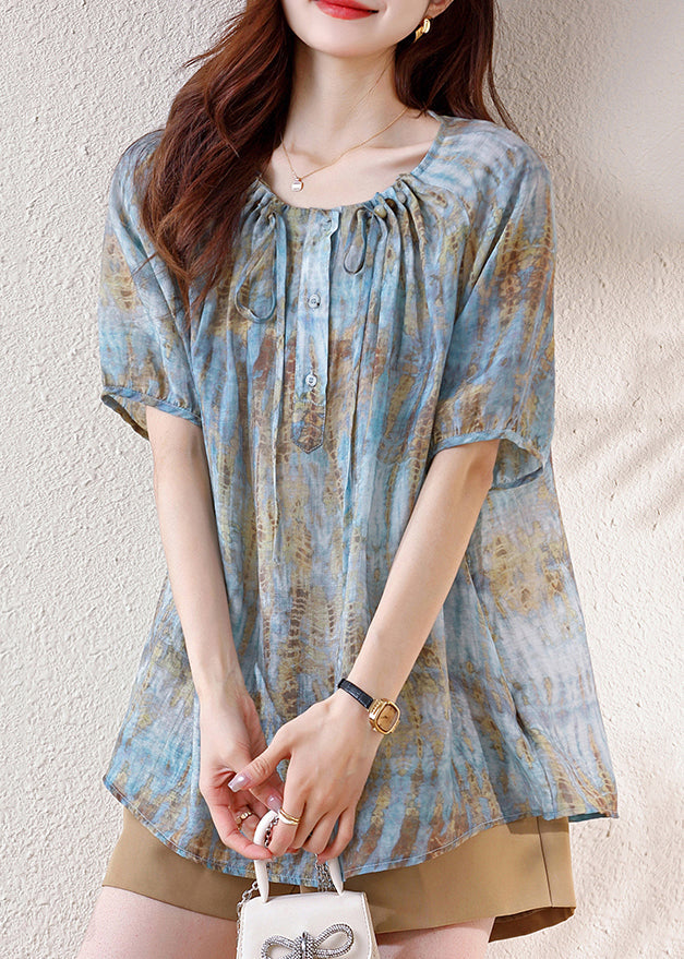 Bohemian Blue Print Drawstring Cotton Tops Summer