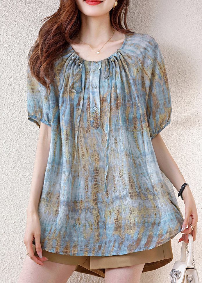 Bohemian Blue Print Drawstring Cotton Tops Summer