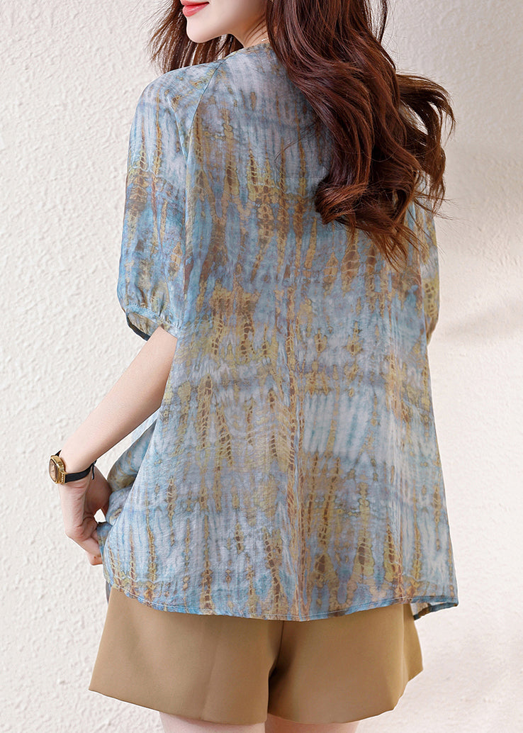 Bohemian Blue Print Drawstring Cotton Tops Summer