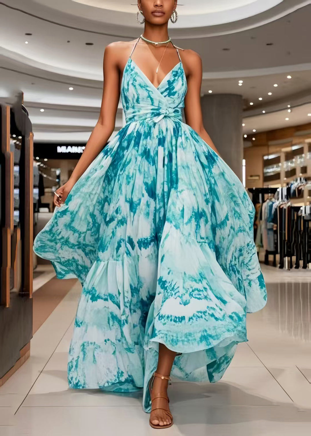 Bohemian Blue Print Exra Large Hem Chiffon Mini Dress Summer