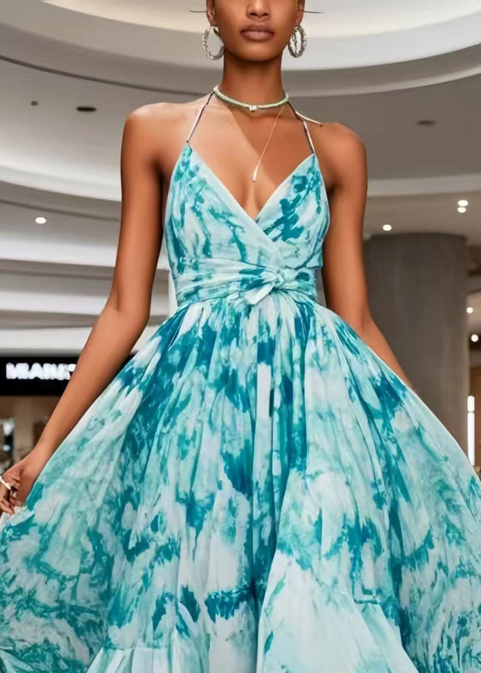 Bohemian Blue Print Exra Large Hem Chiffon Mini Dress Summer