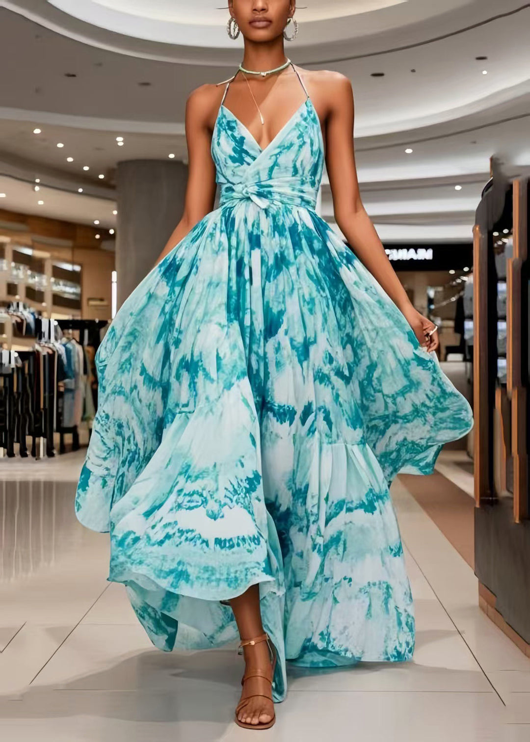 Bohemian Blue Print Exra Large Hem Chiffon Mini Dress Summer