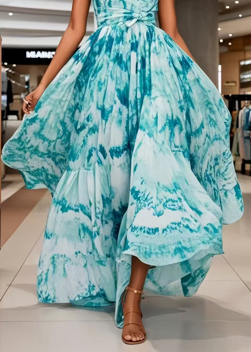 Bohemian Blue Print Exra Large Hem Chiffon Mini Dress Summer