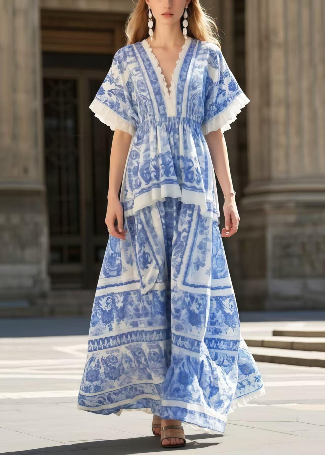 Bohemian Blue Print Exra Large Hem Cotton Holiday Dress Summer