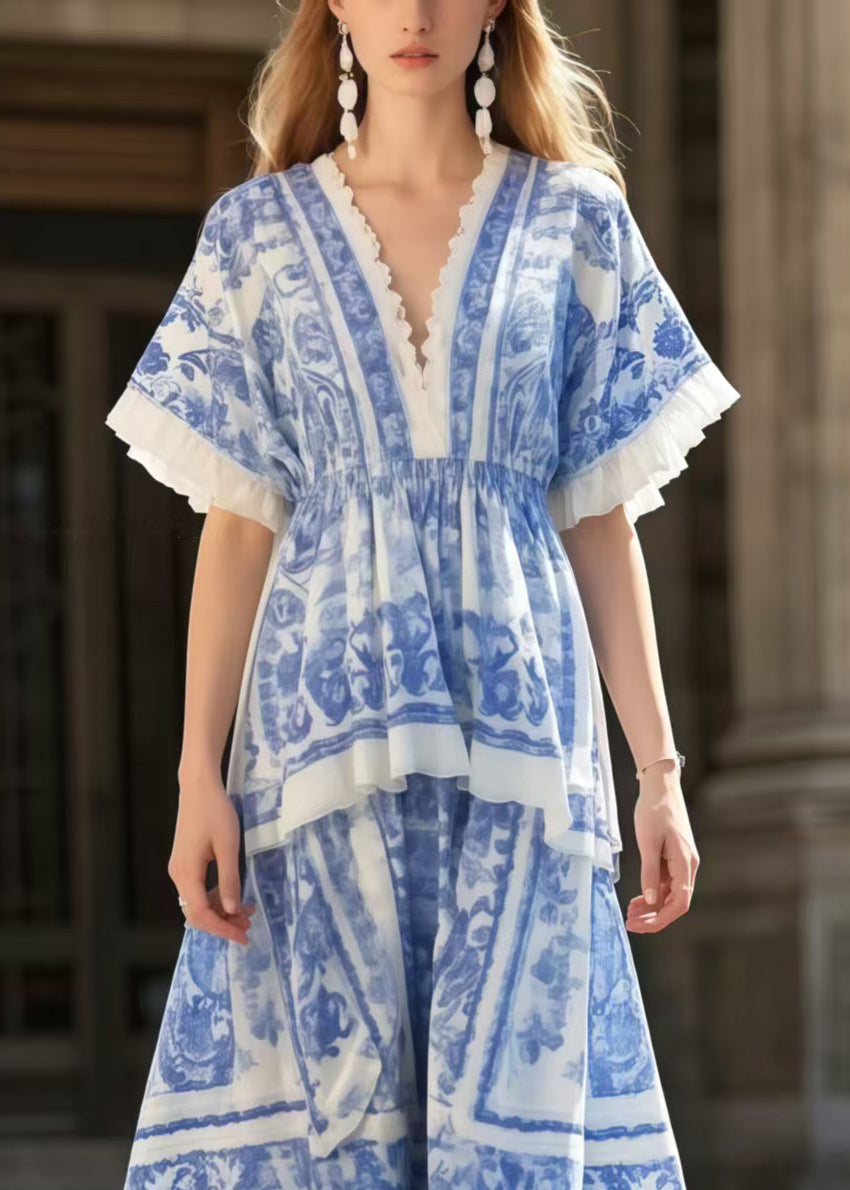 Bohemian Blue Print Exra Large Hem Cotton Holiday Dress Summer