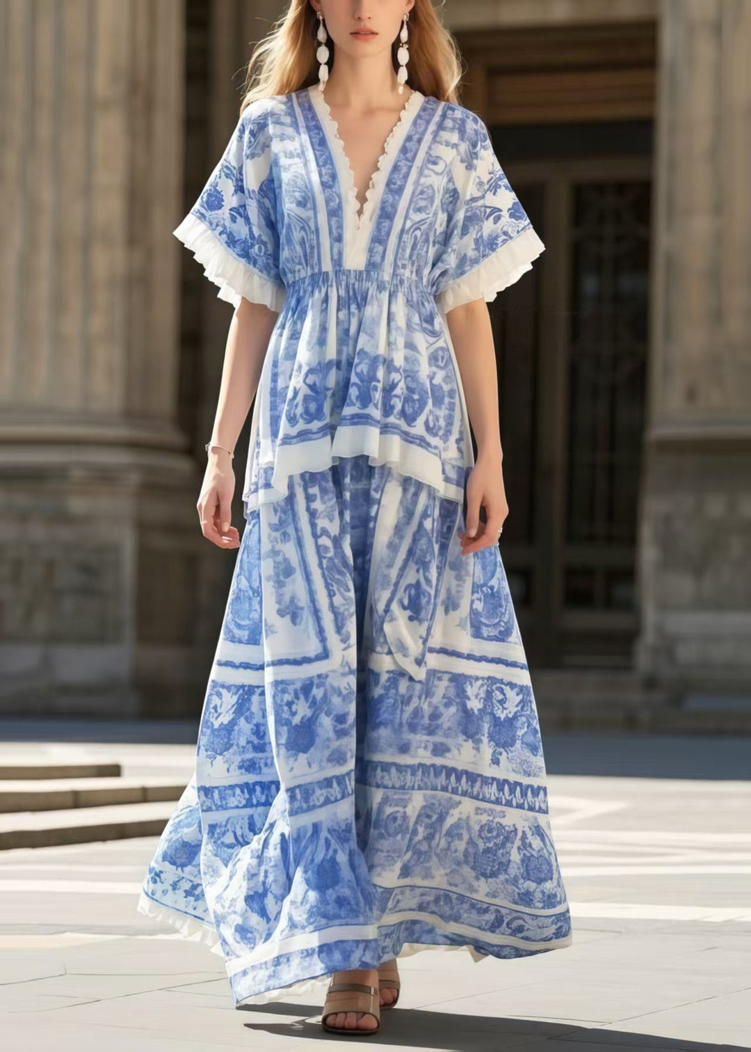 Bohemian Blue Print Exra Large Hem Cotton Holiday Dress Summer