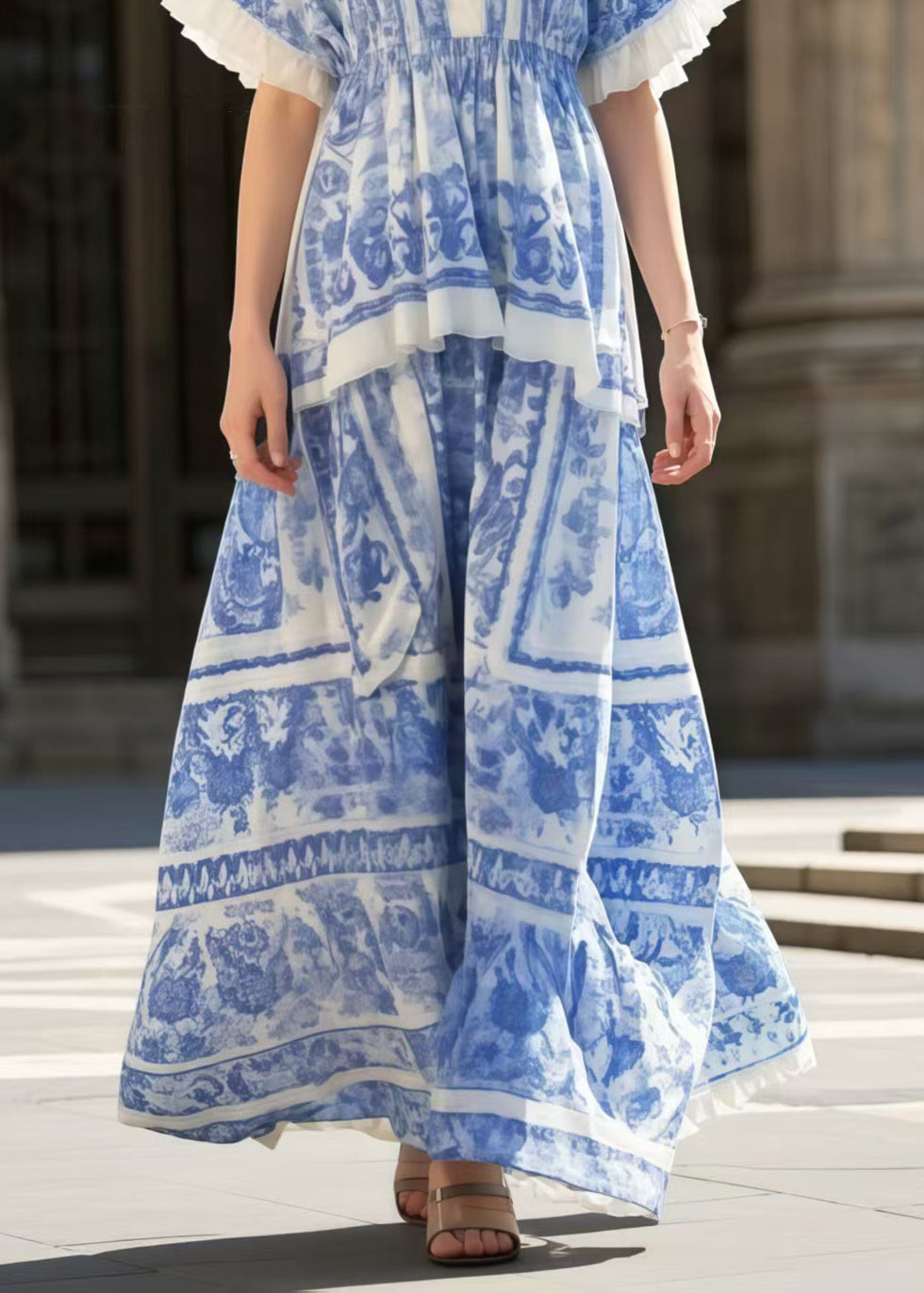 Bohemian Blue Print Exra Large Hem Cotton Holiday Dress Summer