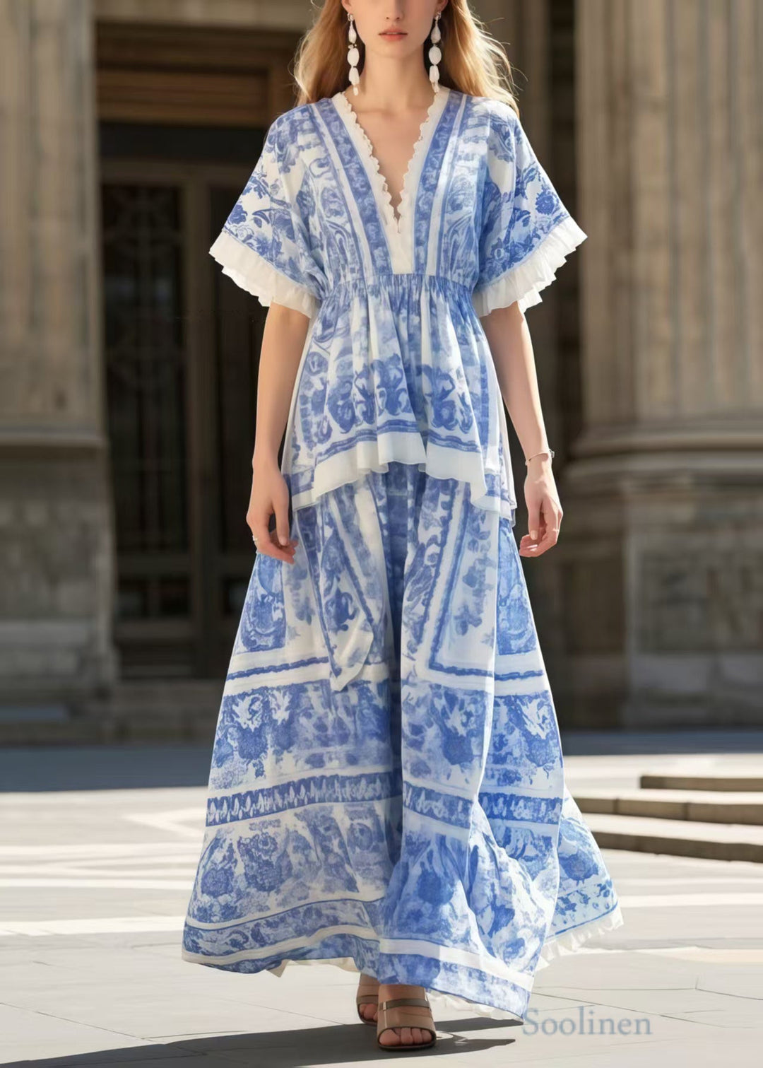 Bohemian Blue Print Exra Large Hem Cotton Holiday Dress Summer