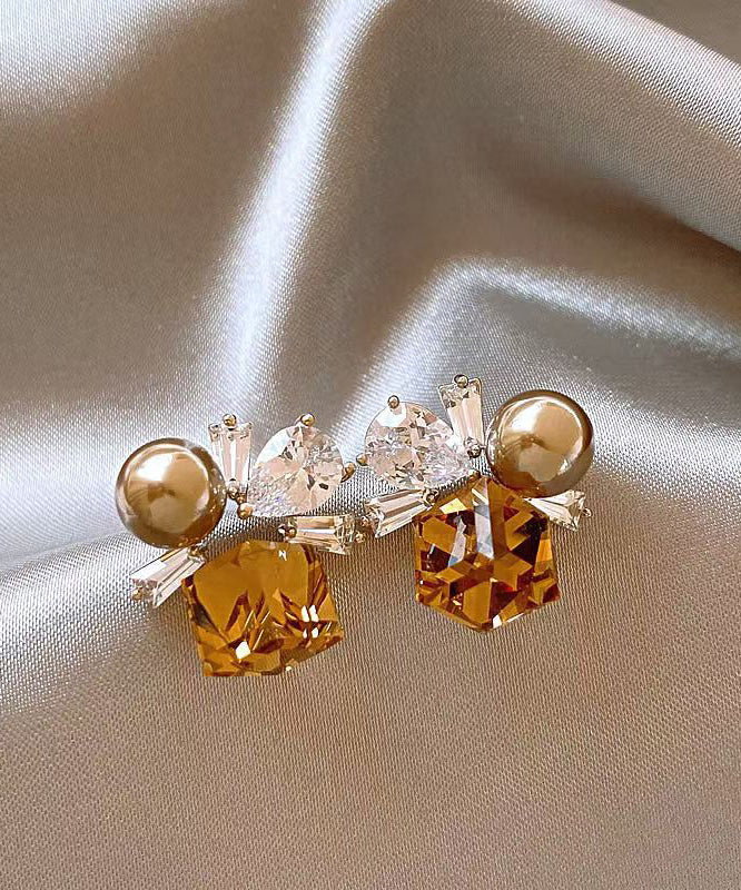 Bohemian Brown Alloy Crystal Pearl Stud Earrings