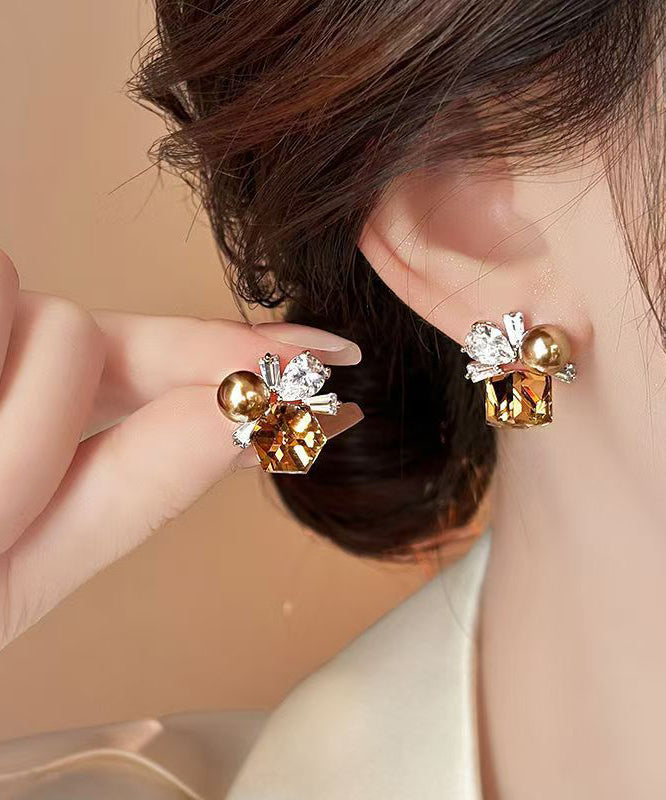 Bohemian Brown Alloy Crystal Pearl Stud Earrings