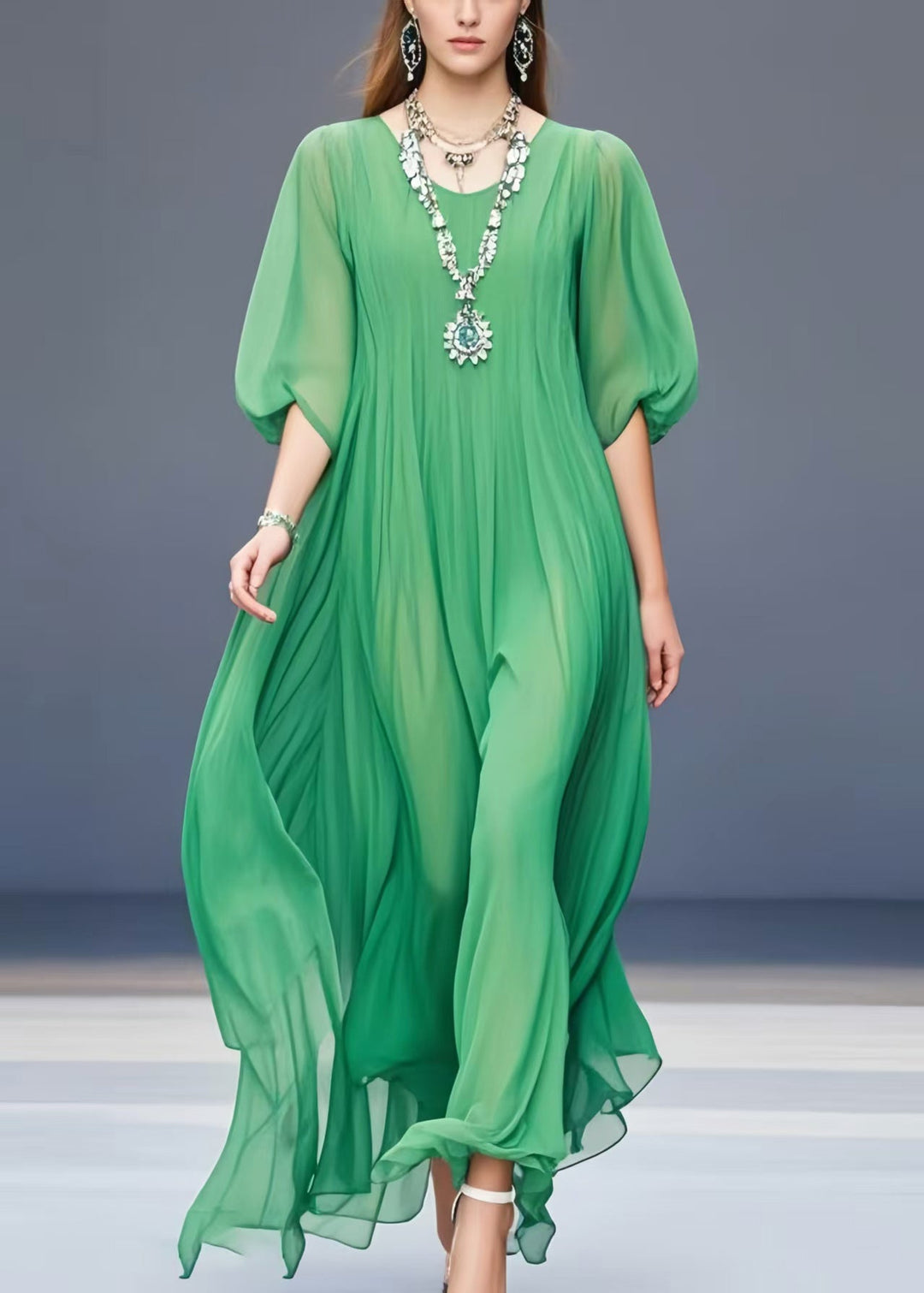 Bohemian Grass Green Oversized Draping Chiffon Dress Summer