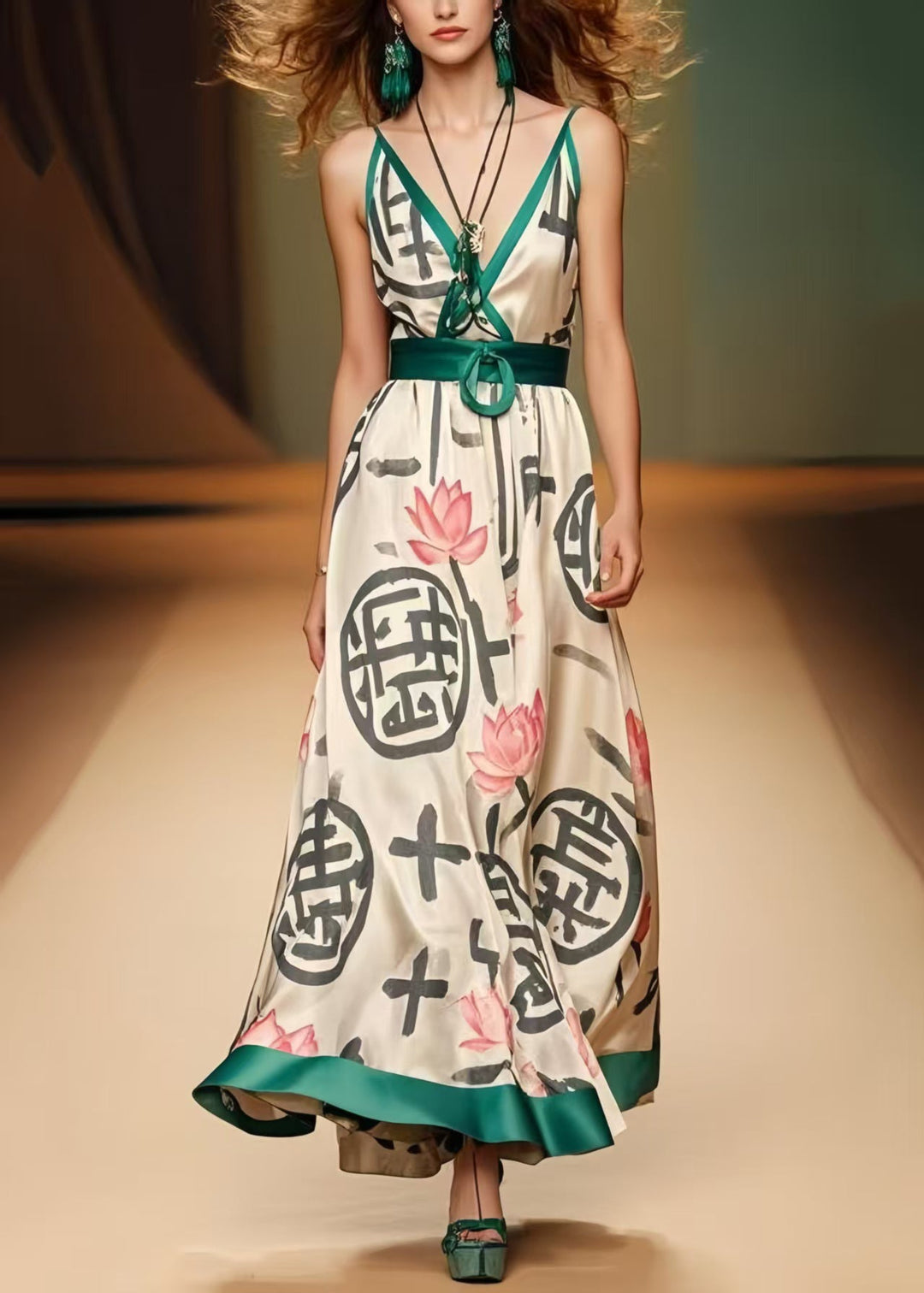 Bohemian Khaki Cinched Print Silk Spaghetti Strap Dress Summer