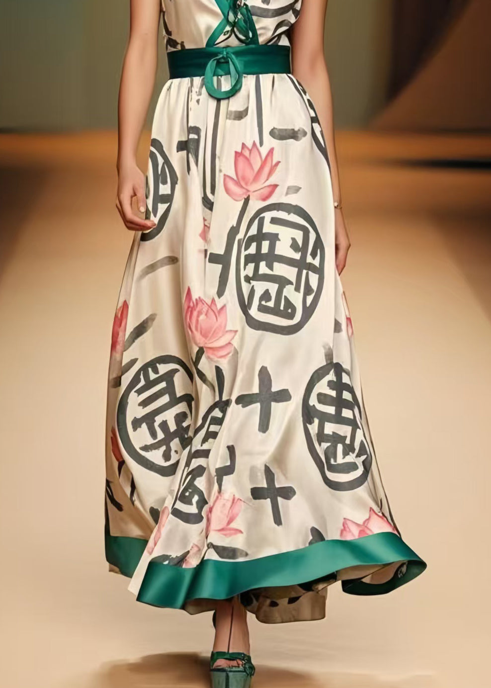 Bohemian Khaki Cinched Print Silk Spaghetti Strap Dress Summer