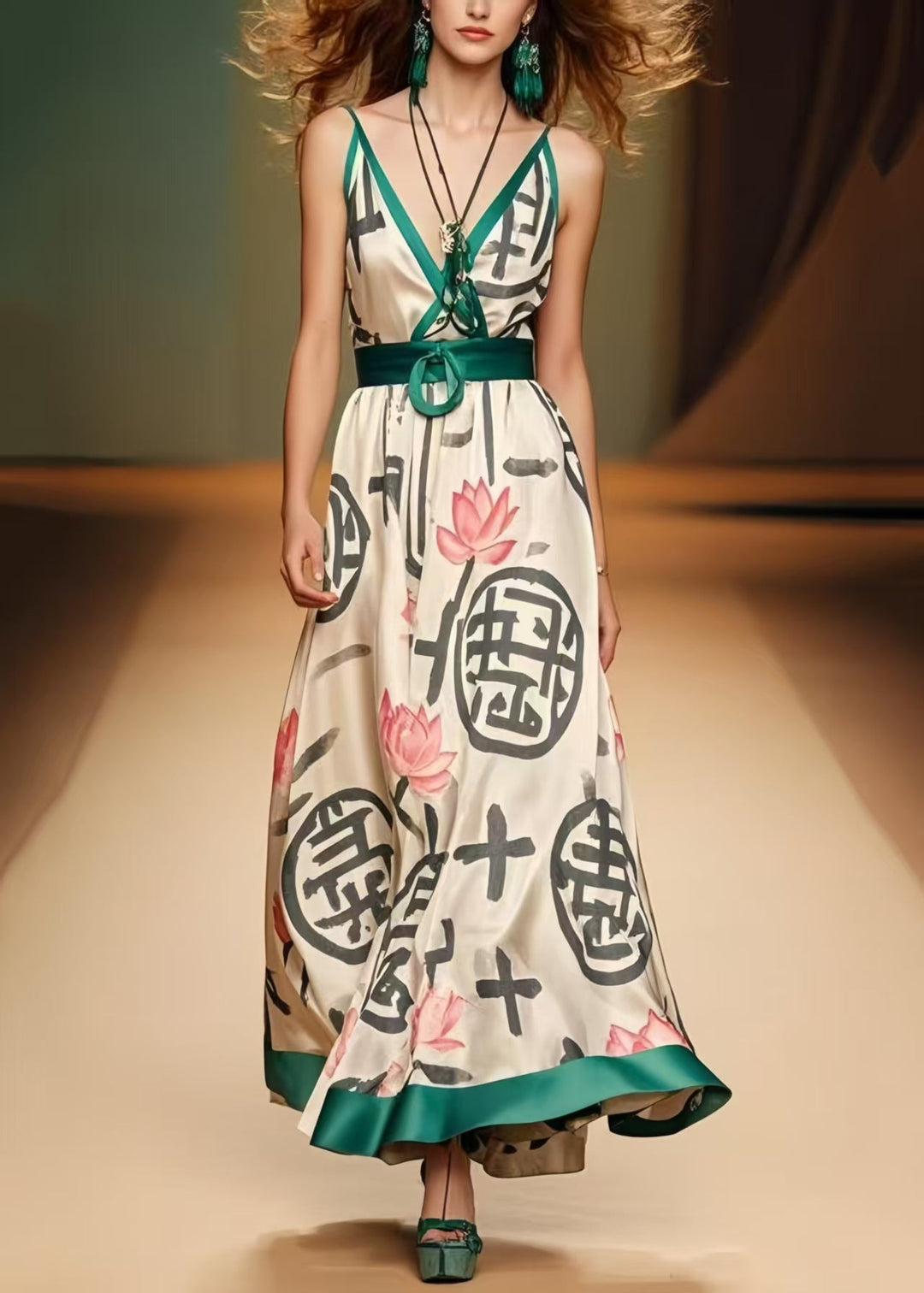 Bohemian Khaki Cinched Print Silk Spaghetti Strap Dress Summer