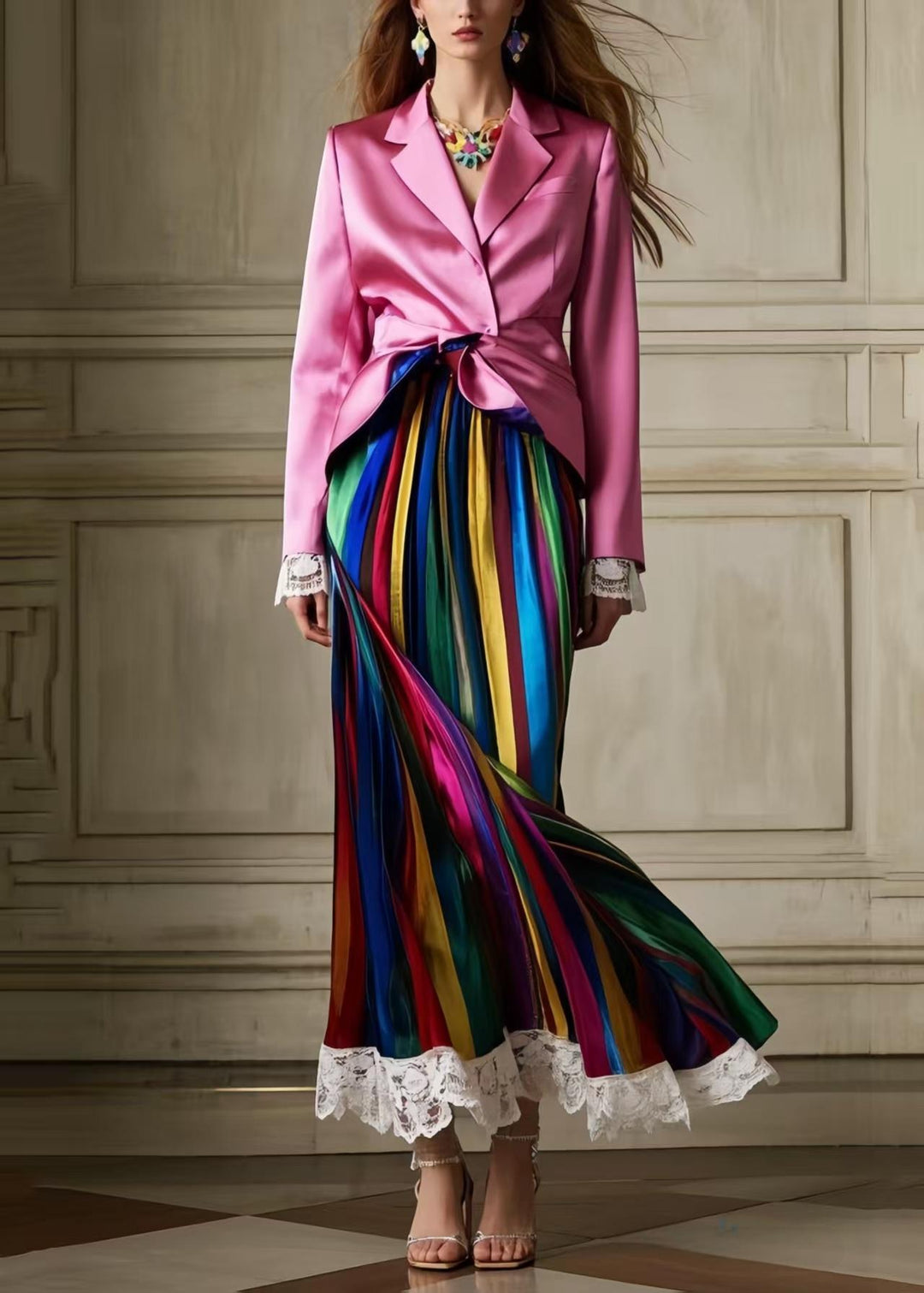 Bohemian Multicolour Striped Patchwork Lace Silk Pleated Skirt Summer