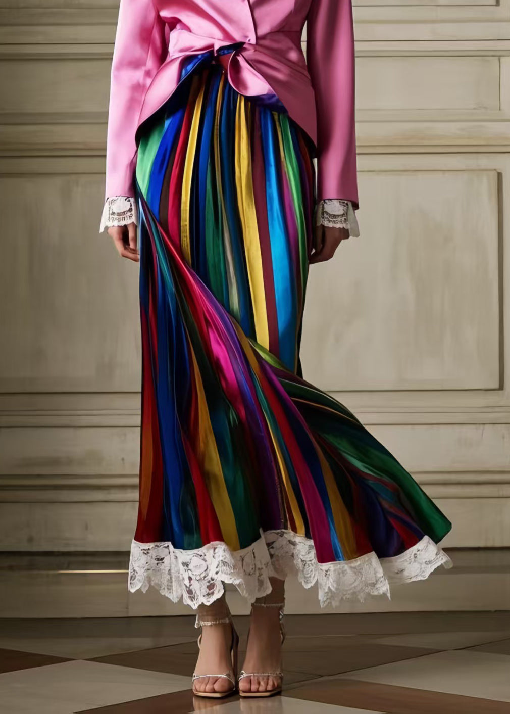 Bohemian Multicolour Striped Patchwork Lace Silk Pleated Skirt Summer