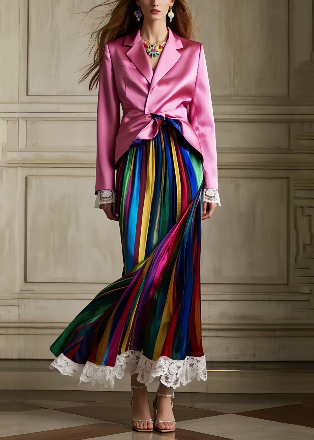 Bohemian Multicolour Striped Patchwork Lace Silk Pleated Skirt Summer