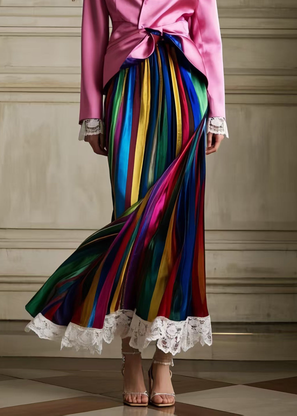 Bohemian Multicolour Striped Patchwork Lace Silk Pleated Skirt Summer