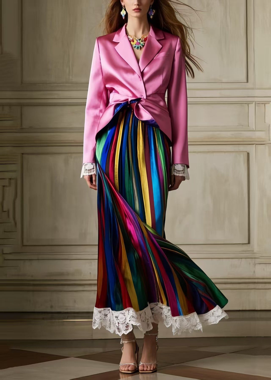 Bohemian Multicolour Striped Patchwork Lace Silk Pleated Skirt Summer