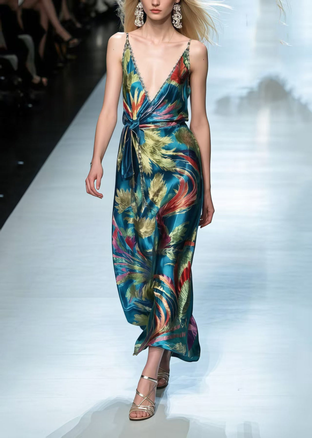 Bohemian Peacock Green Phoenix Print Silk Cami Dress Summer