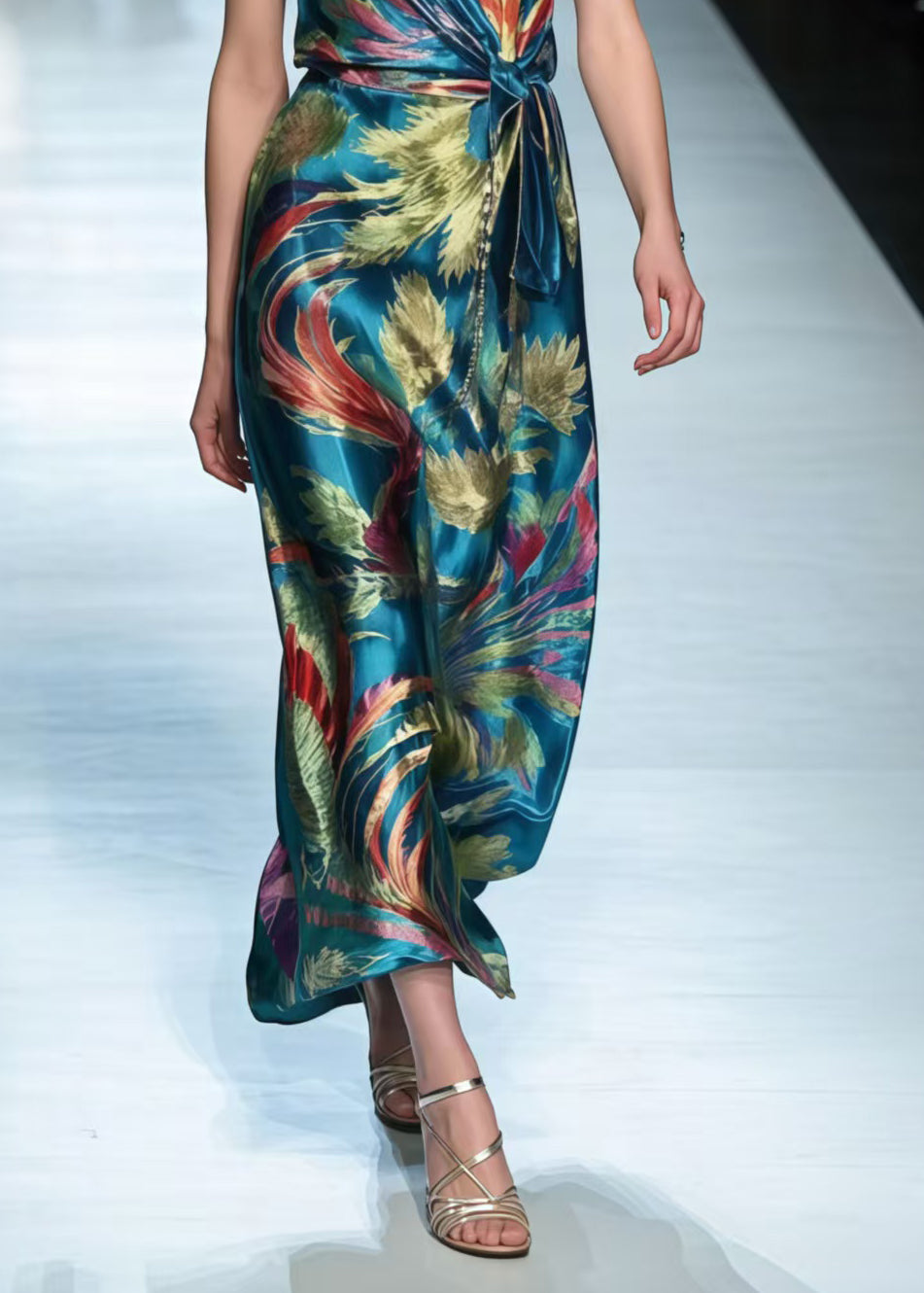 Bohemian Peacock Green Phoenix Print Silk Cami Dress Summer