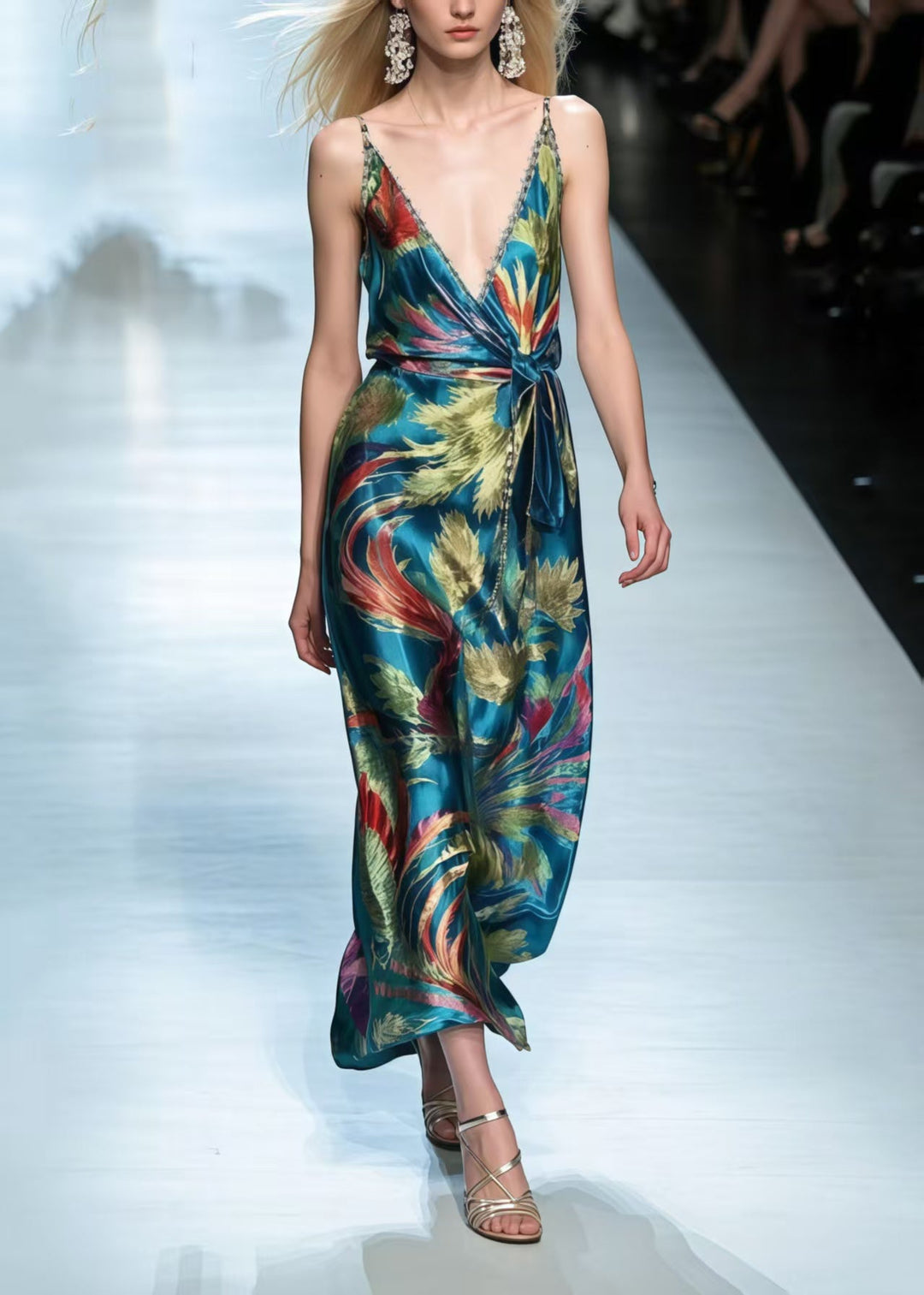 Bohemian Peacock Green Phoenix Print Silk Cami Dress Summer