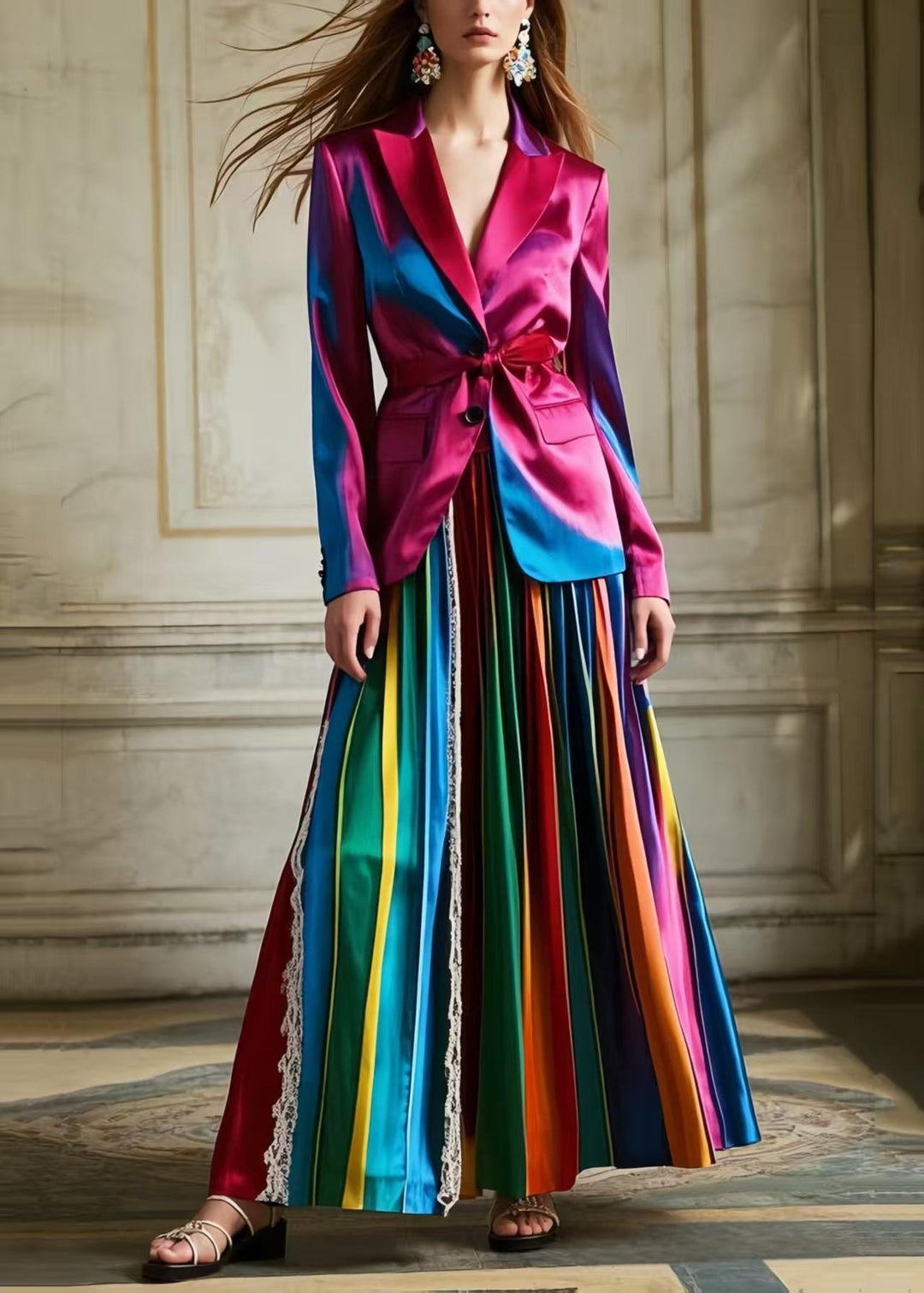 Bohemian Polychrome Striped Patchwork Lace Silk Pleated Skirt Spring