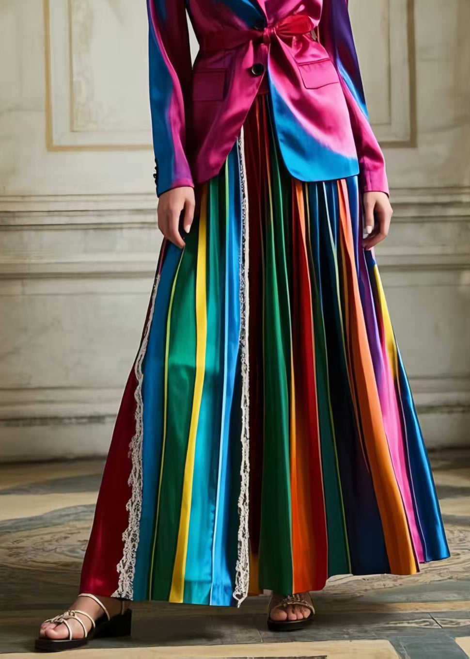 Bohemian Polychrome Striped Patchwork Lace Silk Pleated Skirt Spring