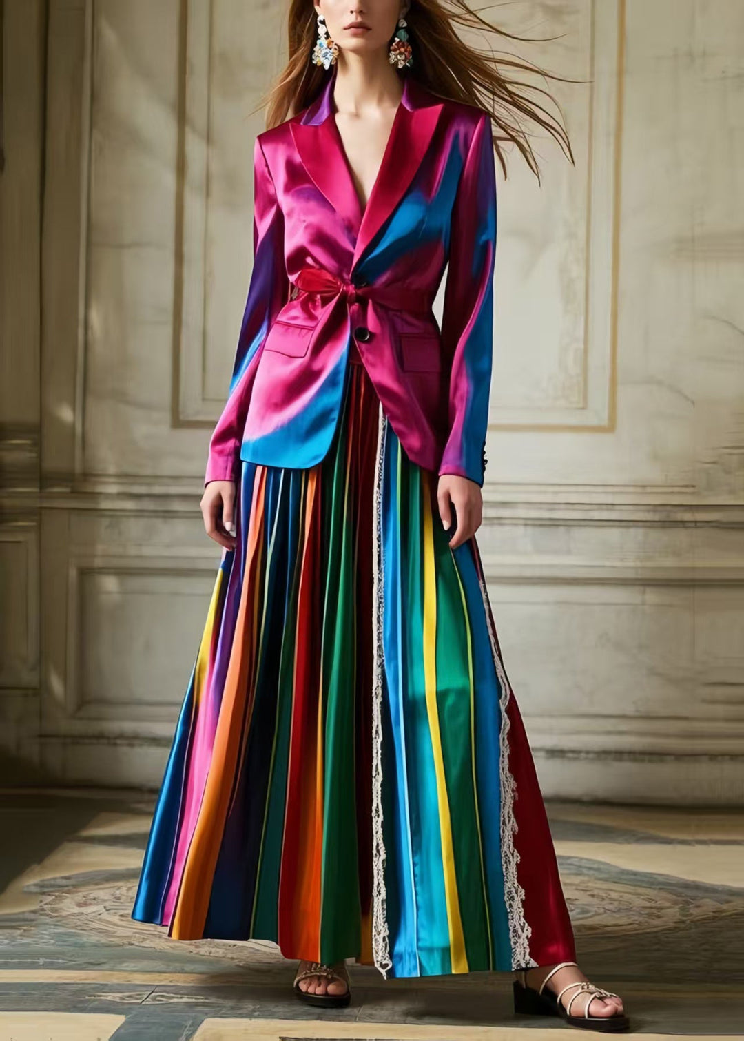 Bohemian Polychrome Striped Patchwork Lace Silk Pleated Skirt Spring