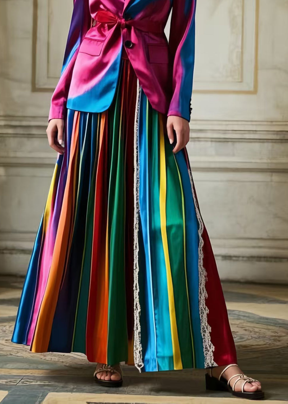 Bohemian Polychrome Striped Patchwork Lace Silk Pleated Skirt Spring