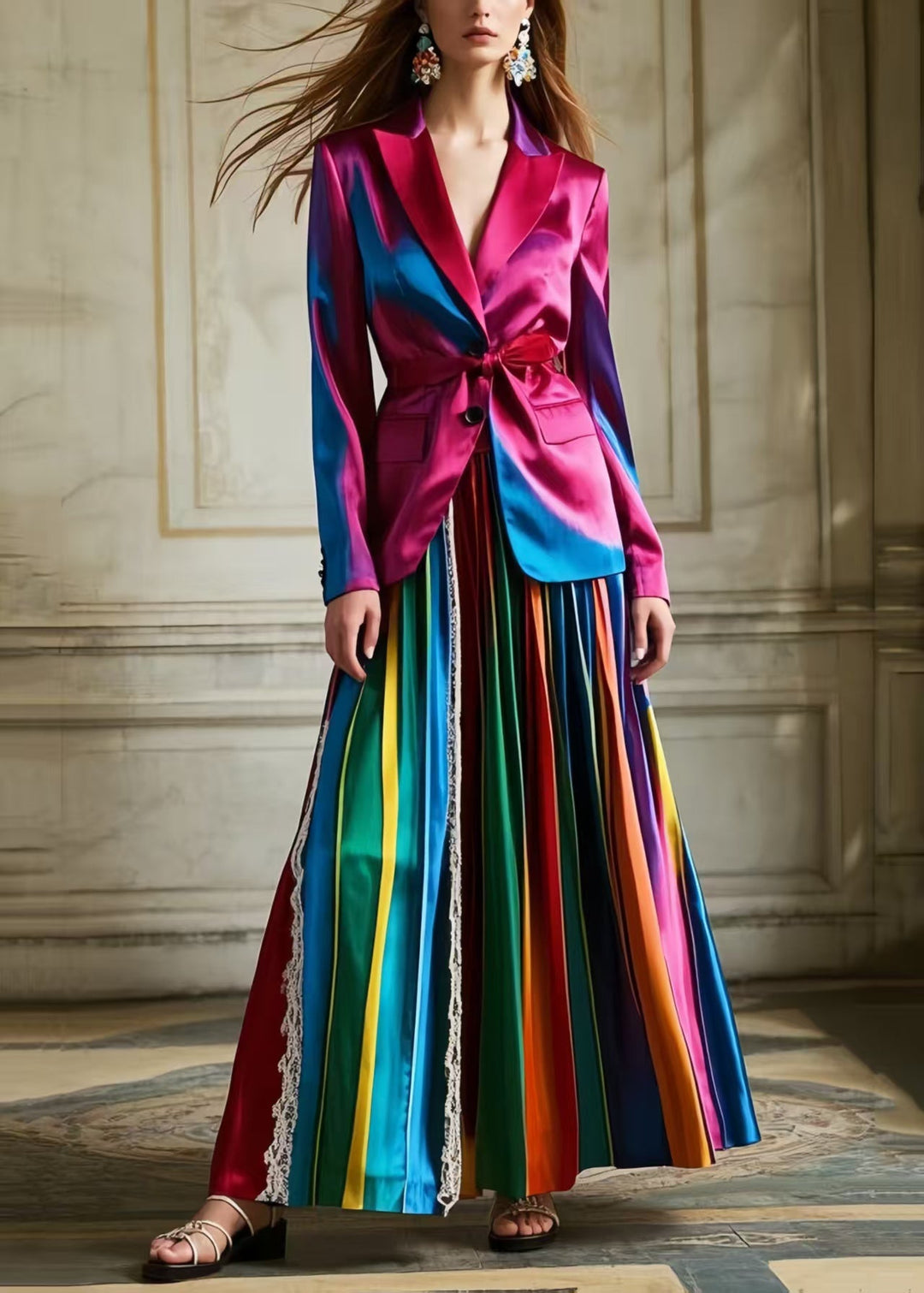 Bohemian Polychrome Striped Patchwork Lace Silk Pleated Skirt Spring