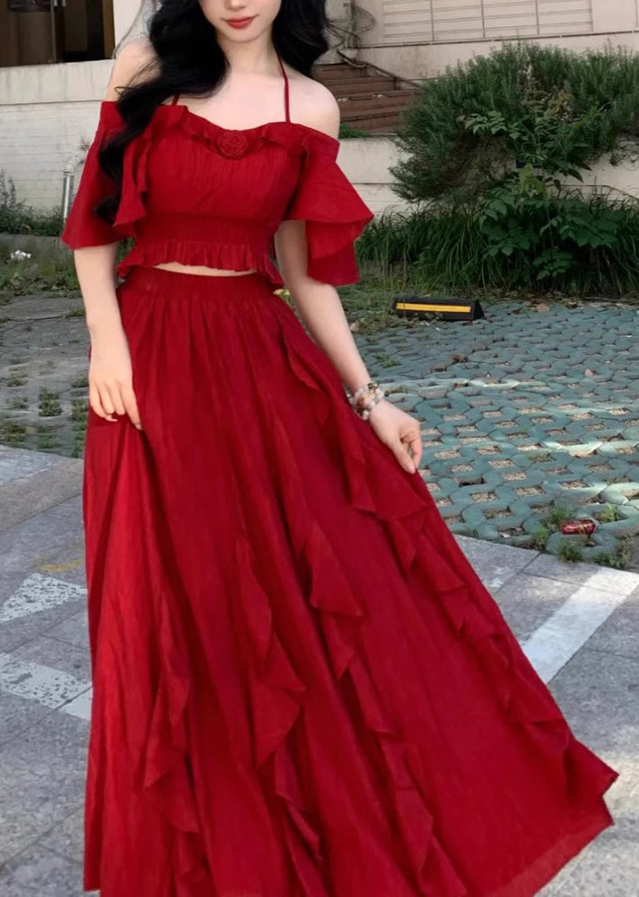 Bohemian Red Ruffled Tops And Skirts Cotton Two Pieces Set Butterfly Sleeve