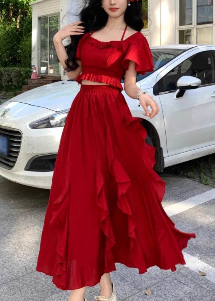 Bohemian Red Ruffled Tops And Skirts Cotton Two Pieces Set Butterfly Sleeve