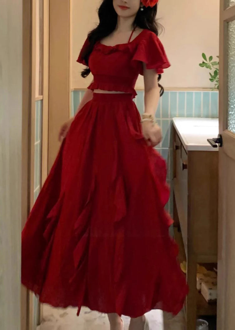Bohemian Red Ruffled Tops And Skirts Cotton Two Pieces Set Butterfly Sleeve