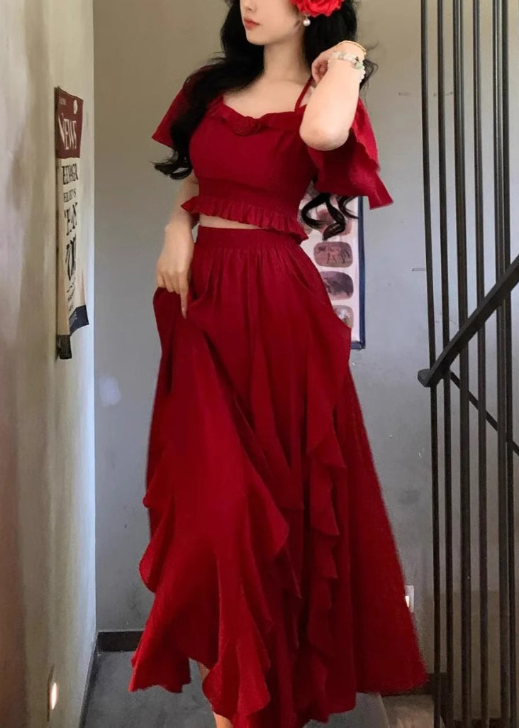 Bohemian Red Ruffled Tops And Skirts Cotton Two Pieces Set Butterfly Sleeve