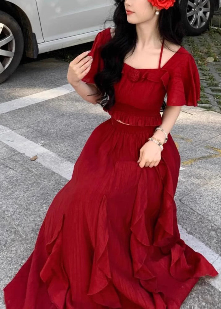 Bohemian Red Ruffled Tops And Skirts Cotton Two Pieces Set Butterfly Sleeve