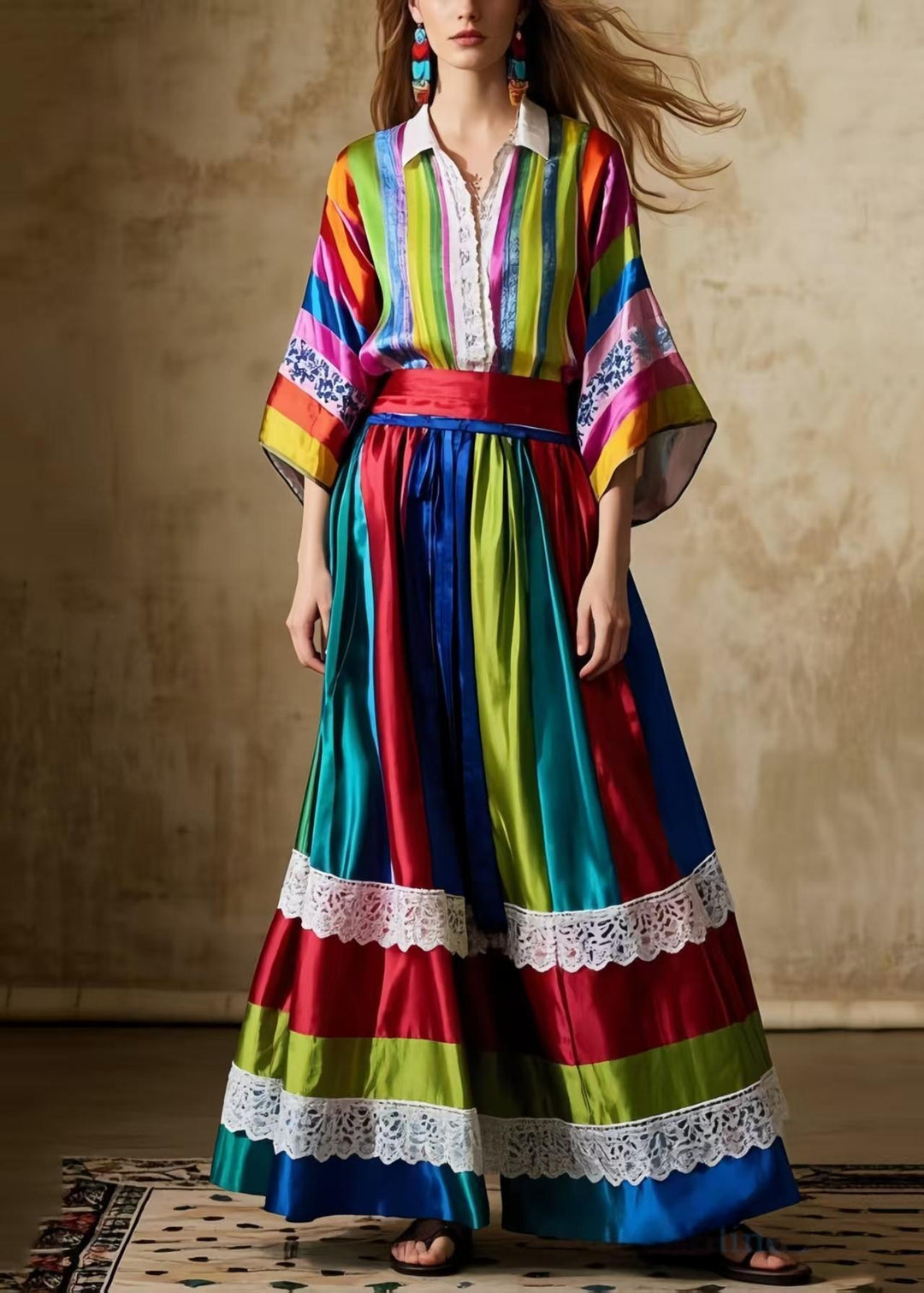 Bohemian Striped Patchwork Exra Large Hem Silk Women Skirts Spring