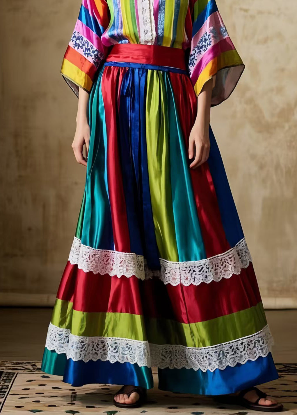 Bohemian Striped Patchwork Exra Large Hem Silk Women Skirts Spring