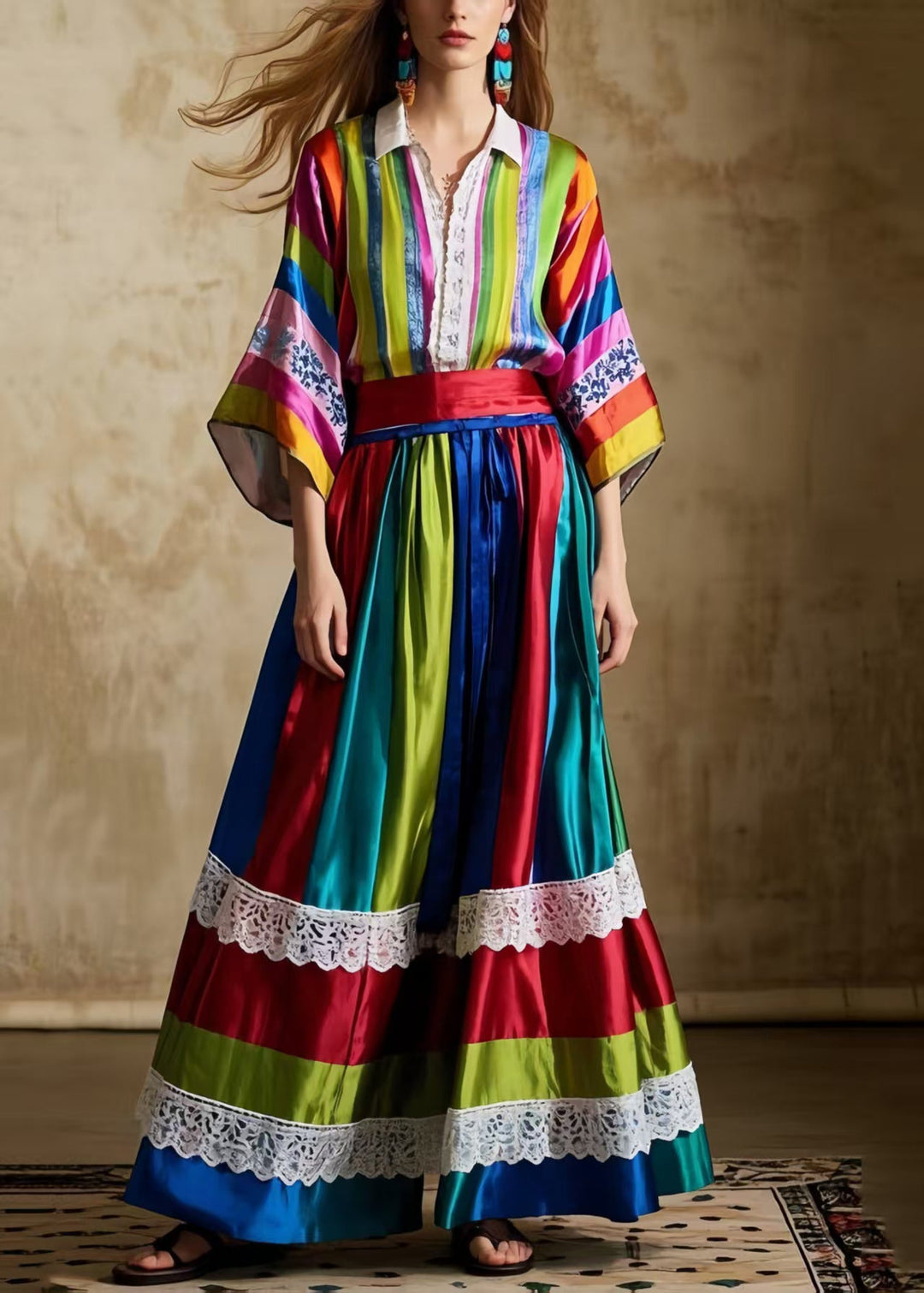 Bohemian Striped Patchwork Exra Large Hem Silk Women Skirts Spring