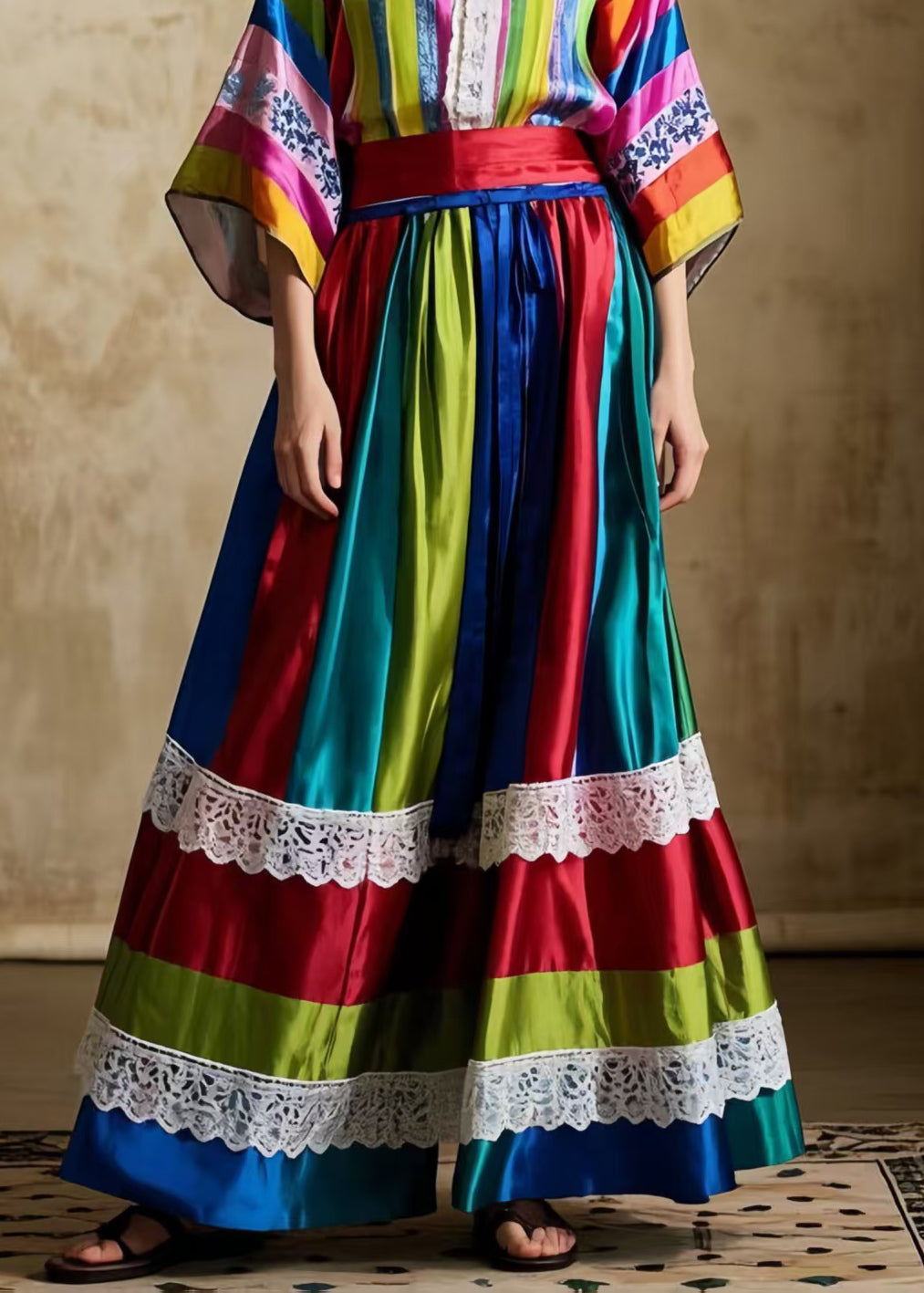 Bohemian Striped Patchwork Exra Large Hem Silk Women Skirts Spring