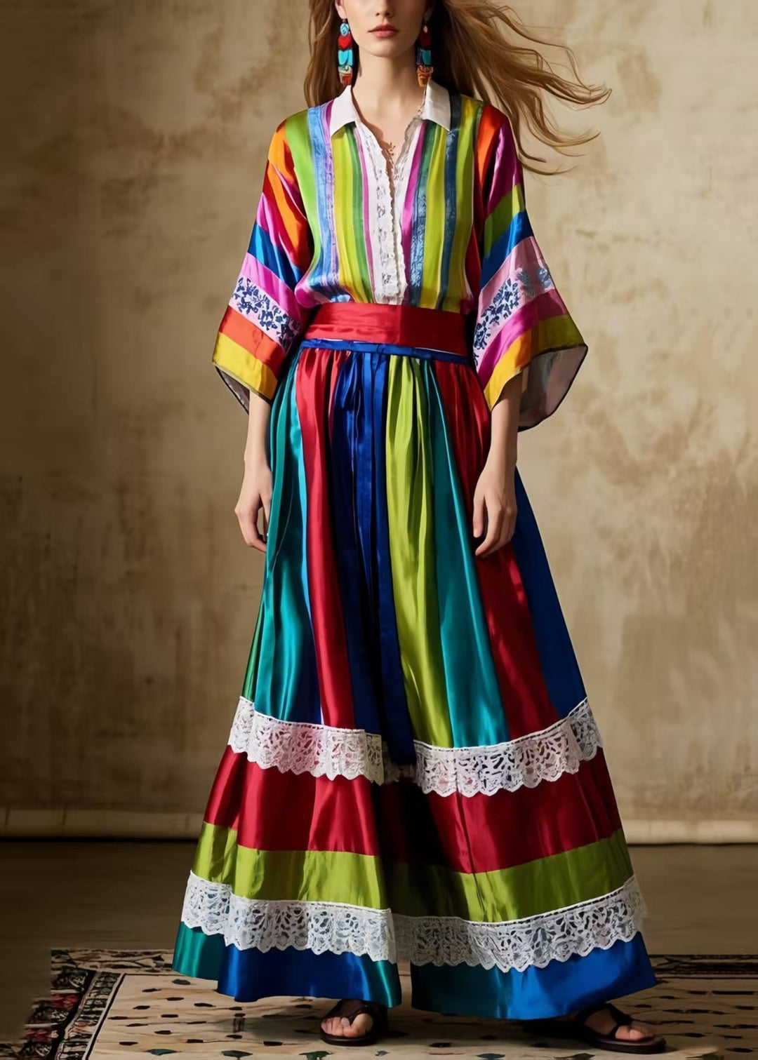 Bohemian Striped Patchwork Exra Large Hem Silk Women Skirts Spring