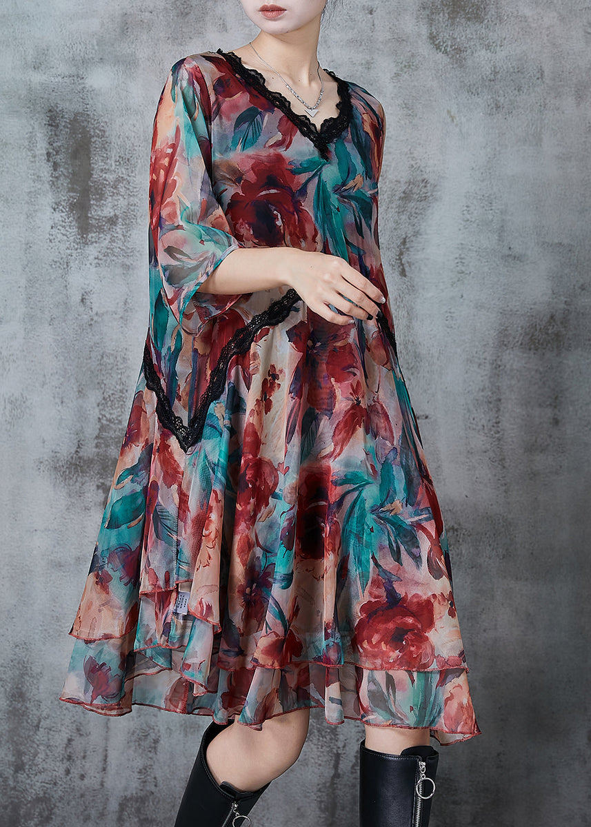 Bohemian V Neck Print Chiffon Beach Dresses Summer  Omychic