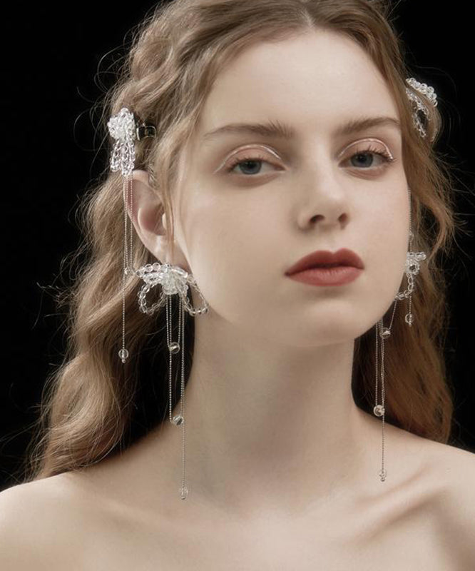 Bohemian White Alloy Crystal Butterfly Tassel Drop Earrings