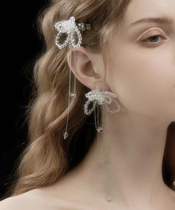 Bohemian White Alloy Crystal Butterfly Tassel Drop Earrings