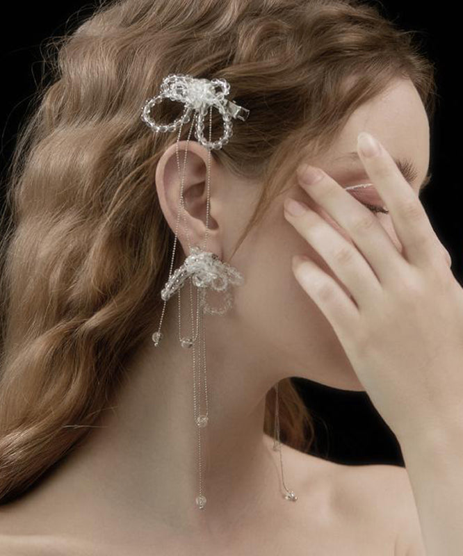 Bohemian White Alloy Crystal Butterfly Tassel Drop Earrings