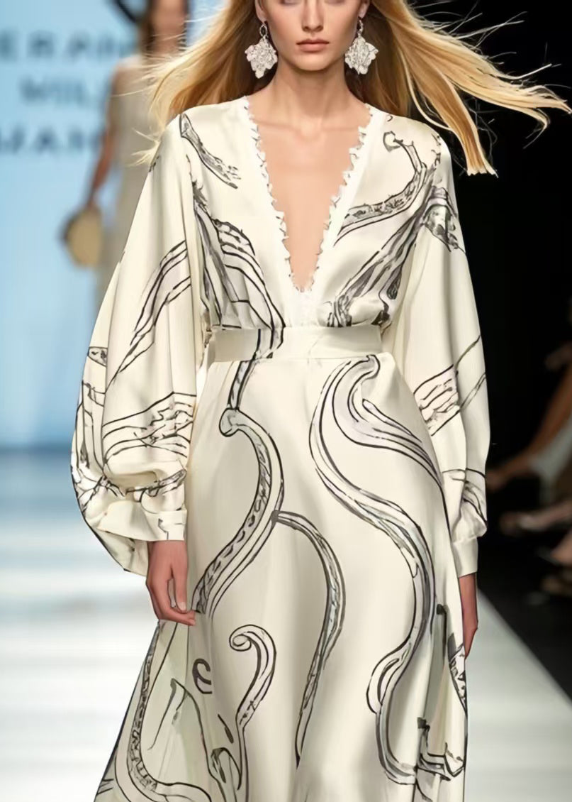 Bohemian White Oversized Print Silk Vacation Dresses Spring